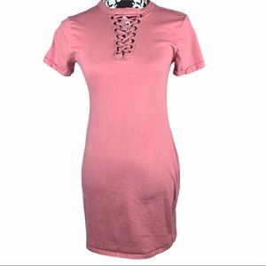 Francesca's Edgy Pink Lace Up T-Shirt Dress